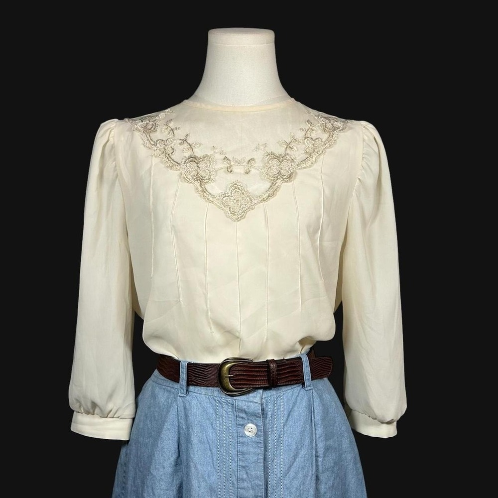 Vintage 70s Cream Pleated Top Sheer Mesh Floral 3/4 Sleeve Cottage Prairie M/L